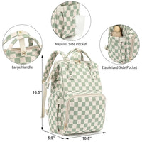 Corduroy checkered diaper bag sitting on a park bench next to baby essentials