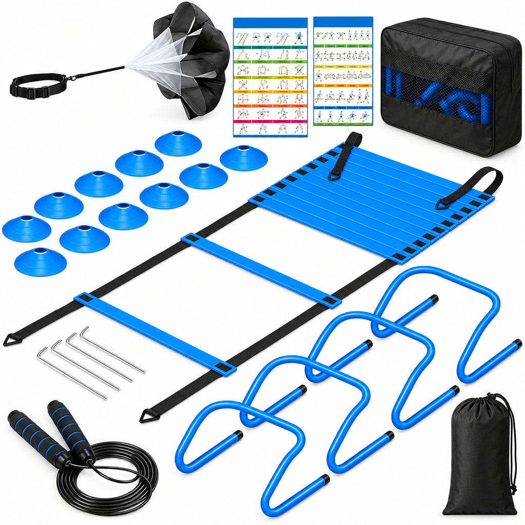 Complete agility ladder training set featuring a 20ft speed ladder, 12 cones, 4 hurdles, jump rope and running parachute