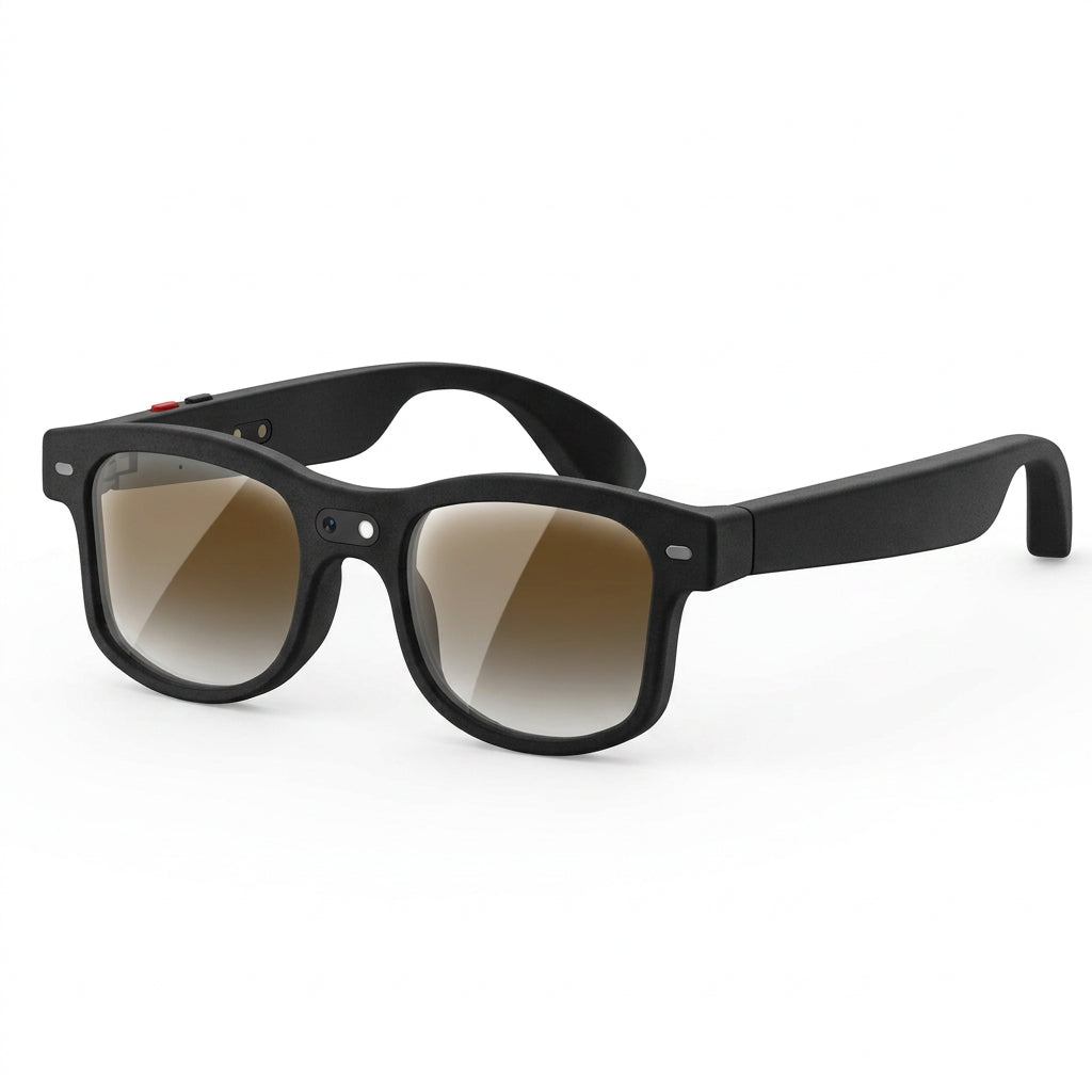 Black AI-style smart glasses with brown gradient lenses displayed against a white background.