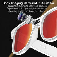 Three-quarter angle showing the front frame and curved arms of the black electronic glasses.