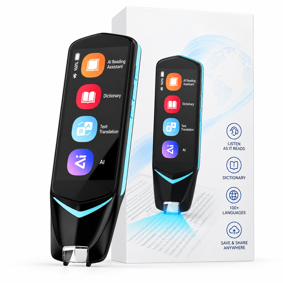 Black AI translator pen with colour display and blue accent details.
