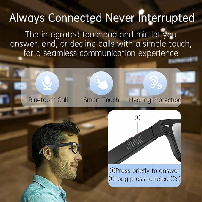 Front view of rectangular electronic eyewear showing the tinted lenses and integrated frame details.