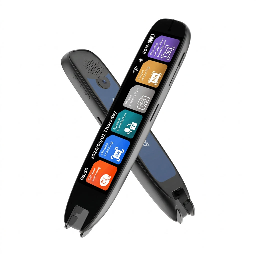 Black AI translation pen with colour display and blue accents.