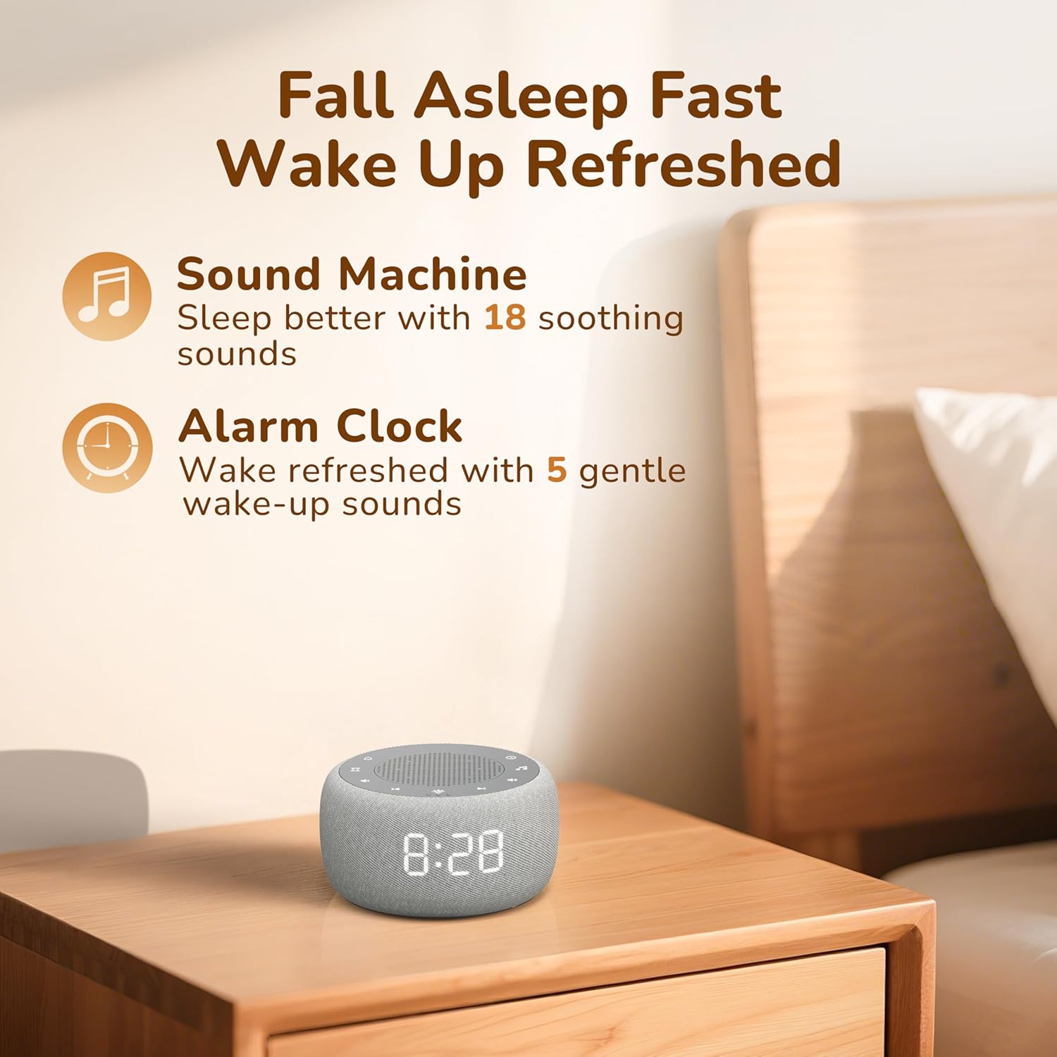 Digital alarm clock with soft night light placed on a bedside table