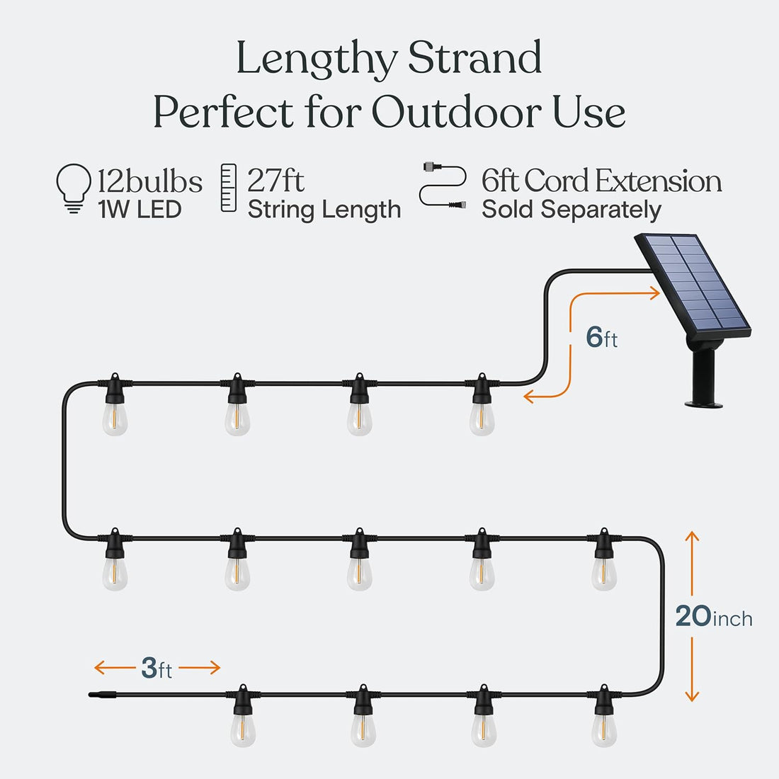 Waterproof 27ft solar string lights with shatterproof Edison bulbs decorating a garden.