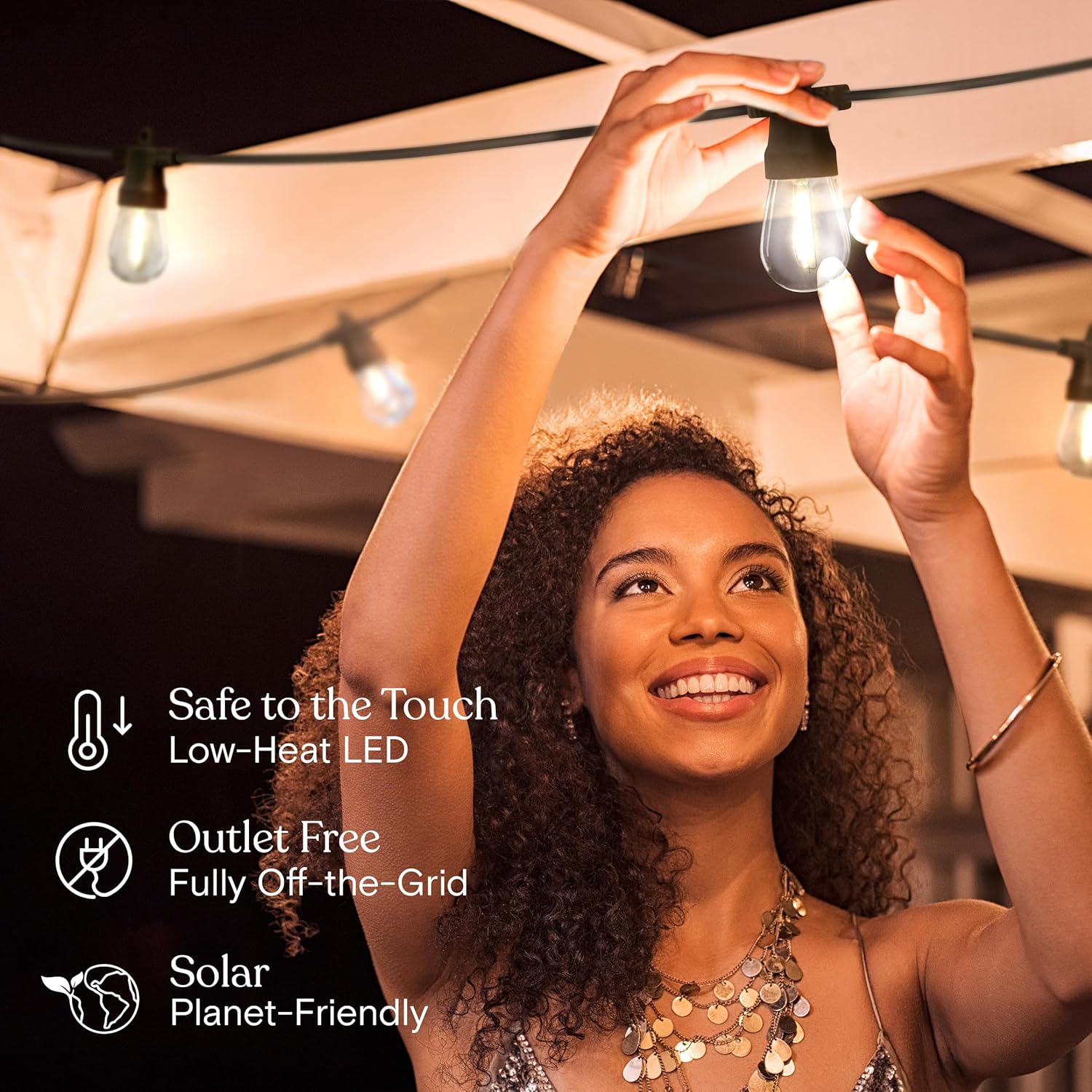 Outdoor string lights with solar panel, providing soft white illumination for backyard events.