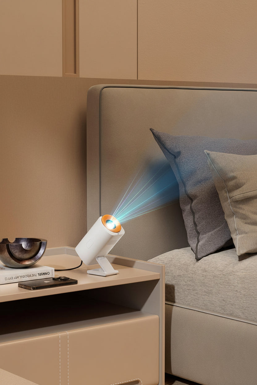 Compact Android projector showing side controls and ventilation details