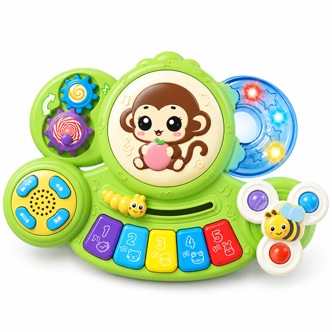 Animal piano toy featuring an electronic musical keyboard, hand drum and rattle activities for babies.