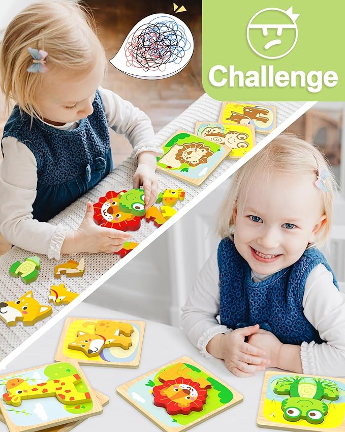 Animal Shape Puzzle Montessori Toy – 6 Wooden Puzzles for Toddlers Ages 1-3