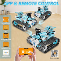 App-controlled robot toy shown beside a compatible mobile device.