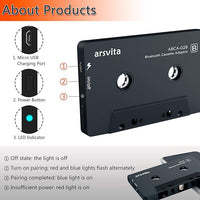 Arsvita Bluetooth Cassette Receiver plugged into a car's cassette player for wireless audio streaming