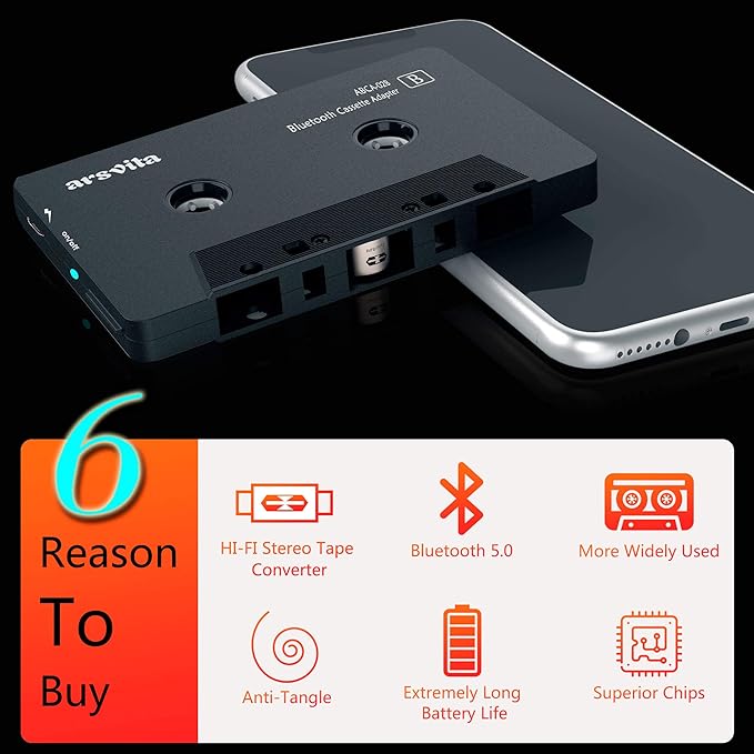 Closeup view of Arsvita Bluetooth Wireless Cassette Receiver with aux output for easy audio streaming