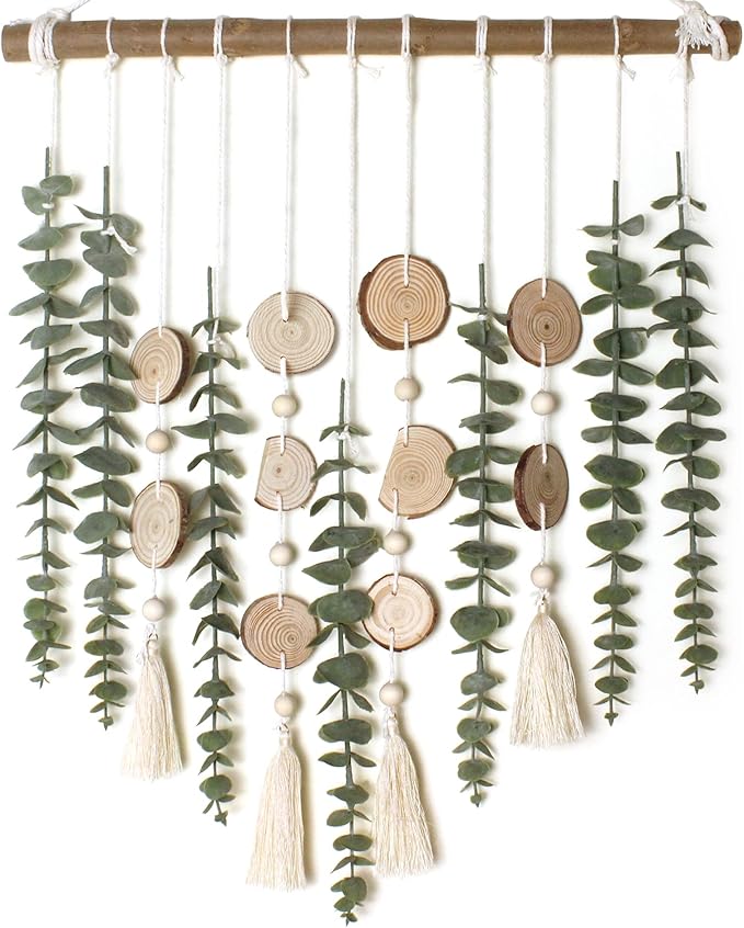 artificial eucalyptus wall hanging decor with wooden stick for nursery and boho interiors