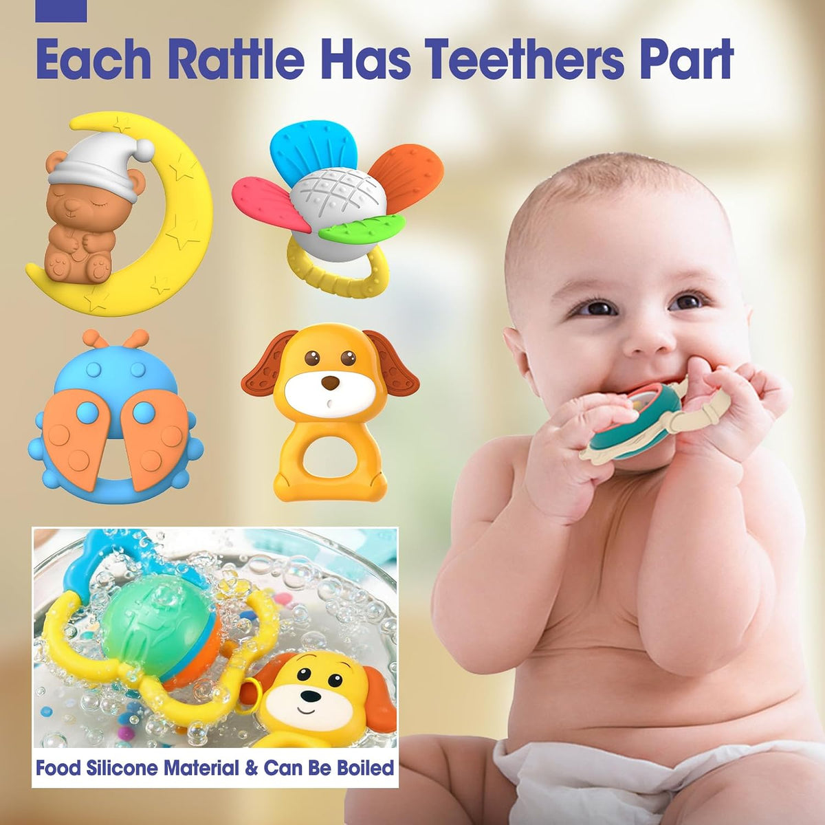 Six assorted infant play accessories displayed individually to show the complete collection.