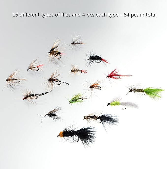 Assorted fly fishing lures including dry flies wet flies nymphs and streamers