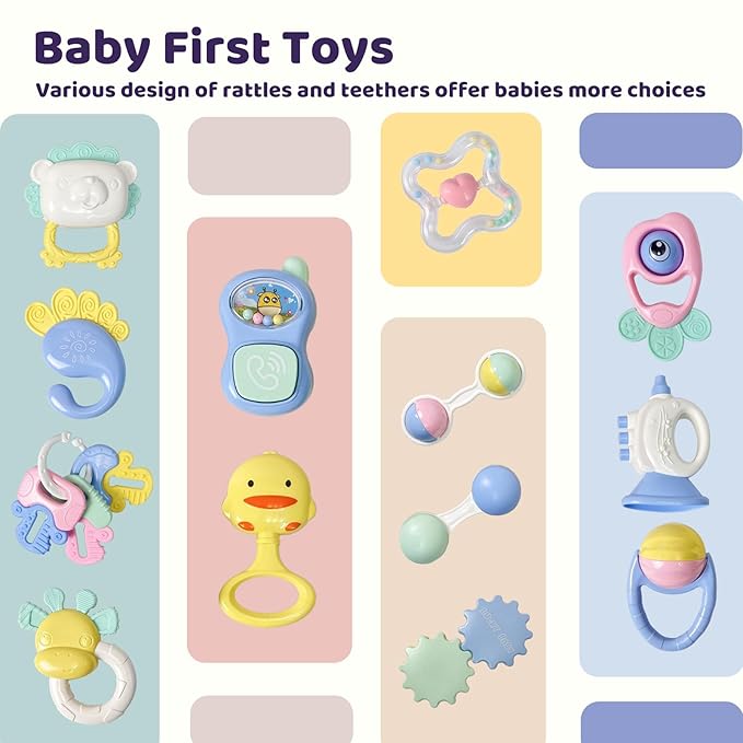 Assorted infant rattles featuring different shapes, colours and textures