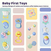Assorted infant rattles featuring different shapes, colours and textures