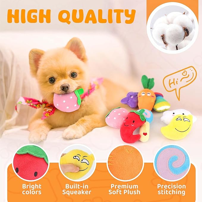 Assorted plush dog toys with stuffed shapes