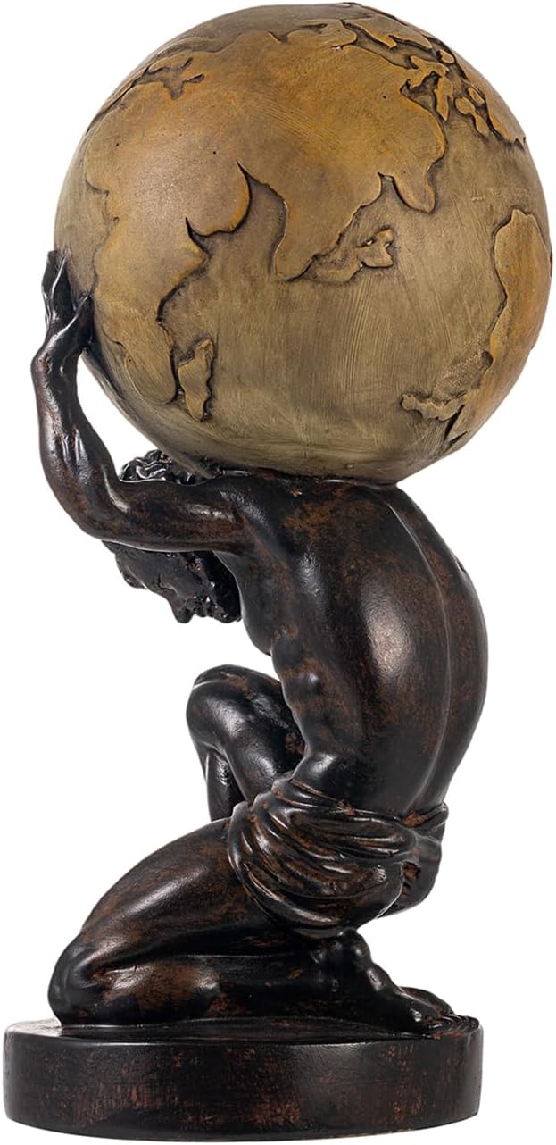 Decorative Atlas statue displayed on a living room shelf