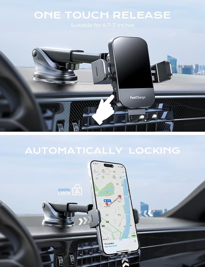 Auto clamping phone holder for car dashboard and vent