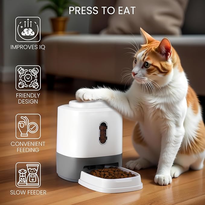 Automatic dog food dispenser with interactive press feeding mechanism