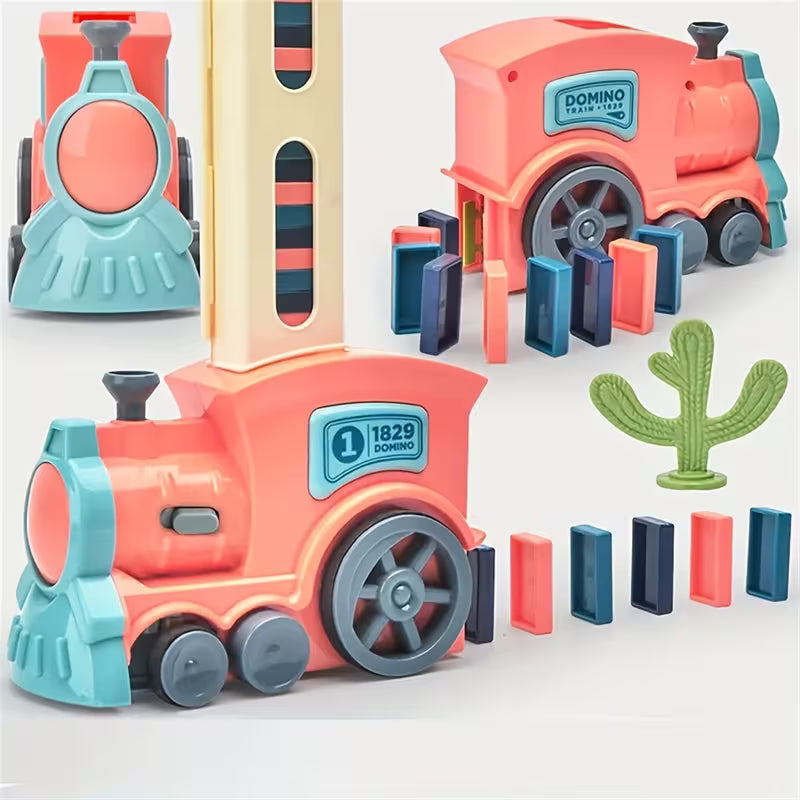 Automatic domino laying train with colourful domino blocks