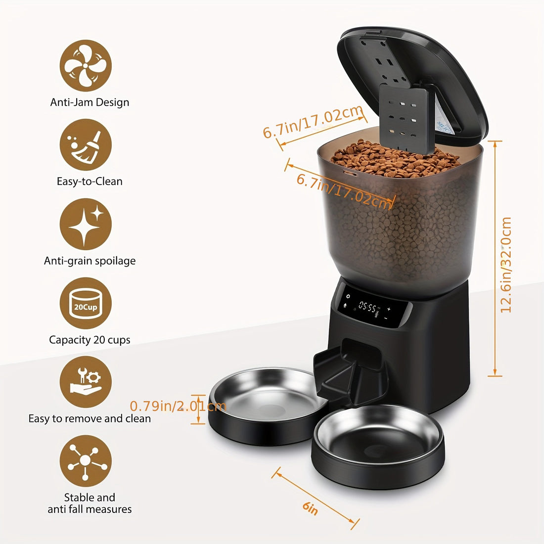 Front view of a black automatic pet feeder