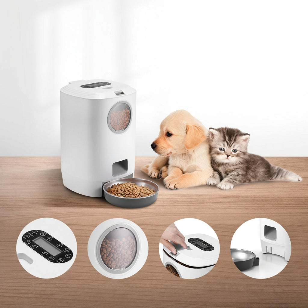 Automatic Pet Food Dispenser with Transparent Viewing Window to Check Food Levels.