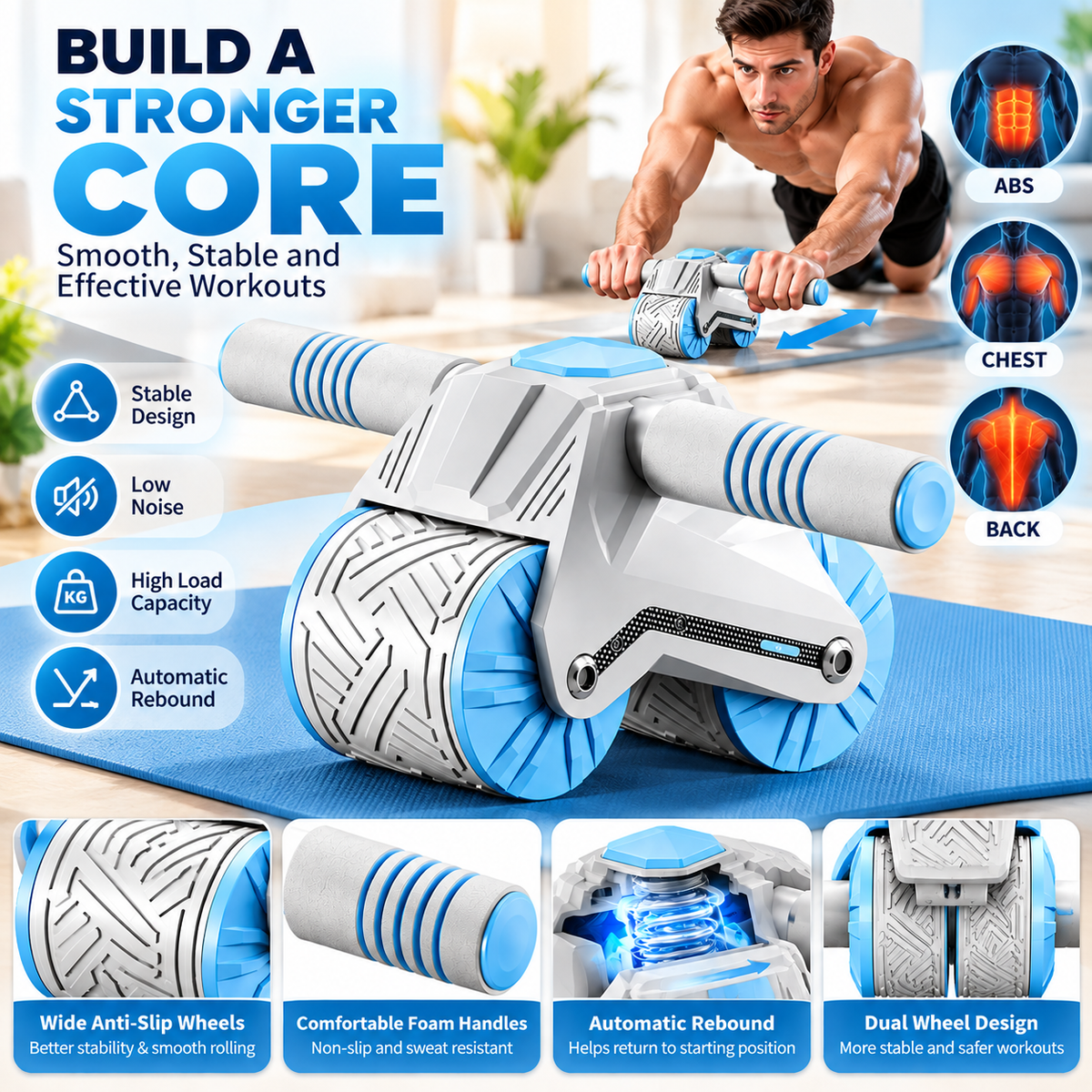 Automatic rebound ab roller designed for controlled abdominal exercise movements.