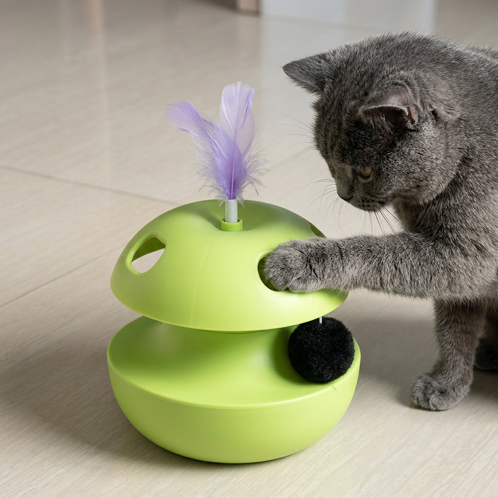 Automatic rotating cat toy with butterfly and caterpillar teaser attachments