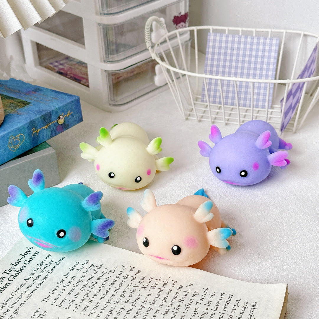 Packaged set of glitter axolotl fidget toys