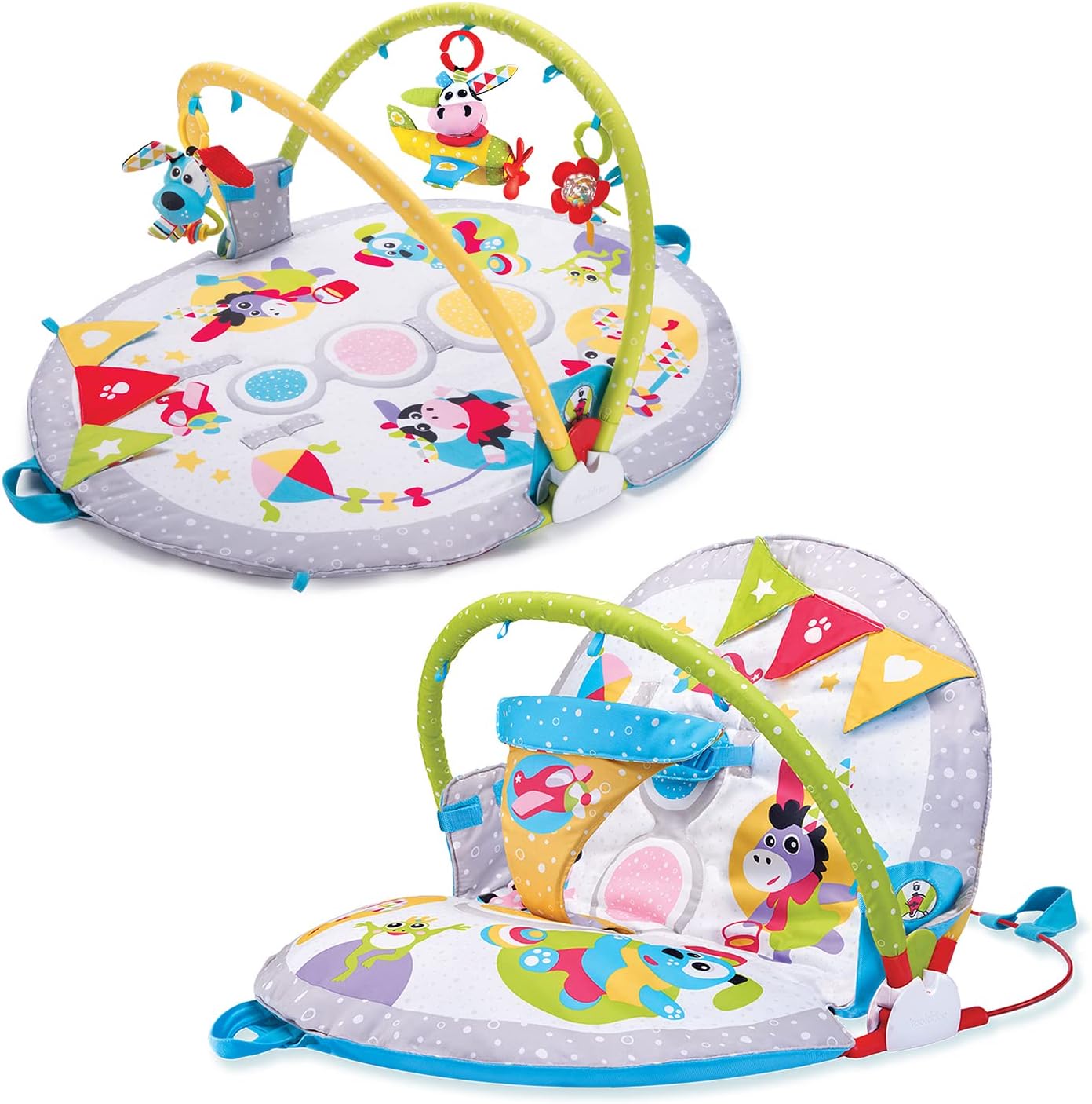 Baby activity gym with colorful hanging toys and mirror