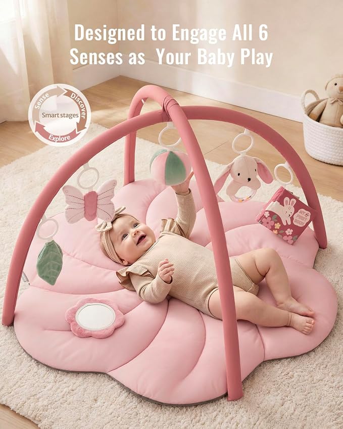 Baby activity mat with flower-shaped mirror and hanging accessories