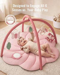 Baby activity mat with flower-shaped mirror and hanging accessories