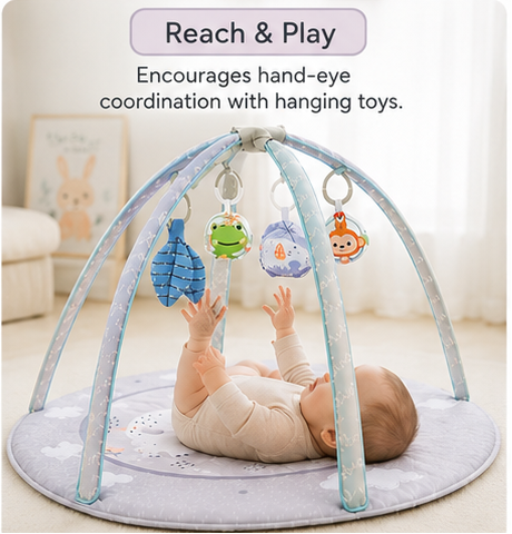 Round baby activity mat with crossed arches top view