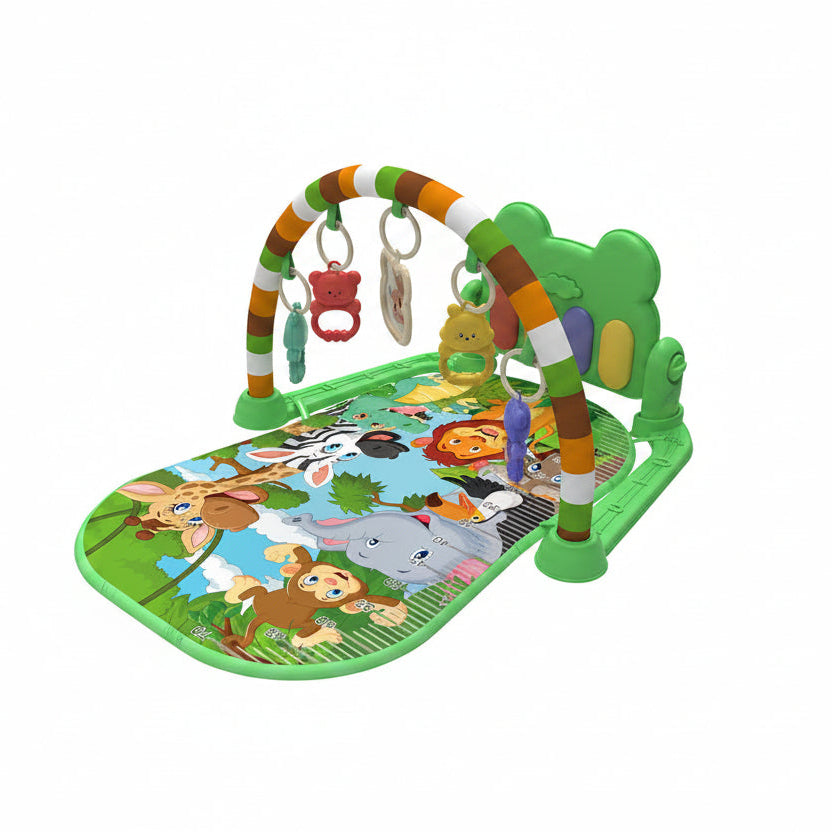 Baby activity play mat with piano and hanging toys front view