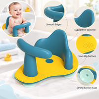 Close-up of the molded teal backrest and smooth curved contours of the bathing seat.