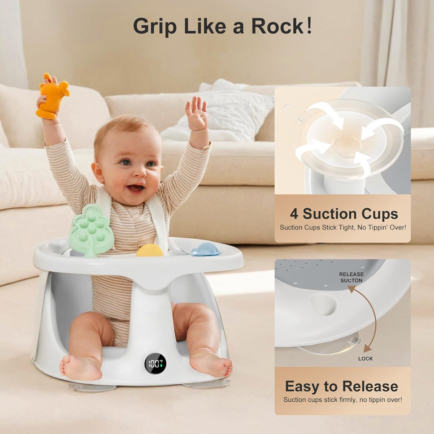 Baby Sitting in Non-Slip Bath Seat with Comfortable Cushion and Rinse Cup