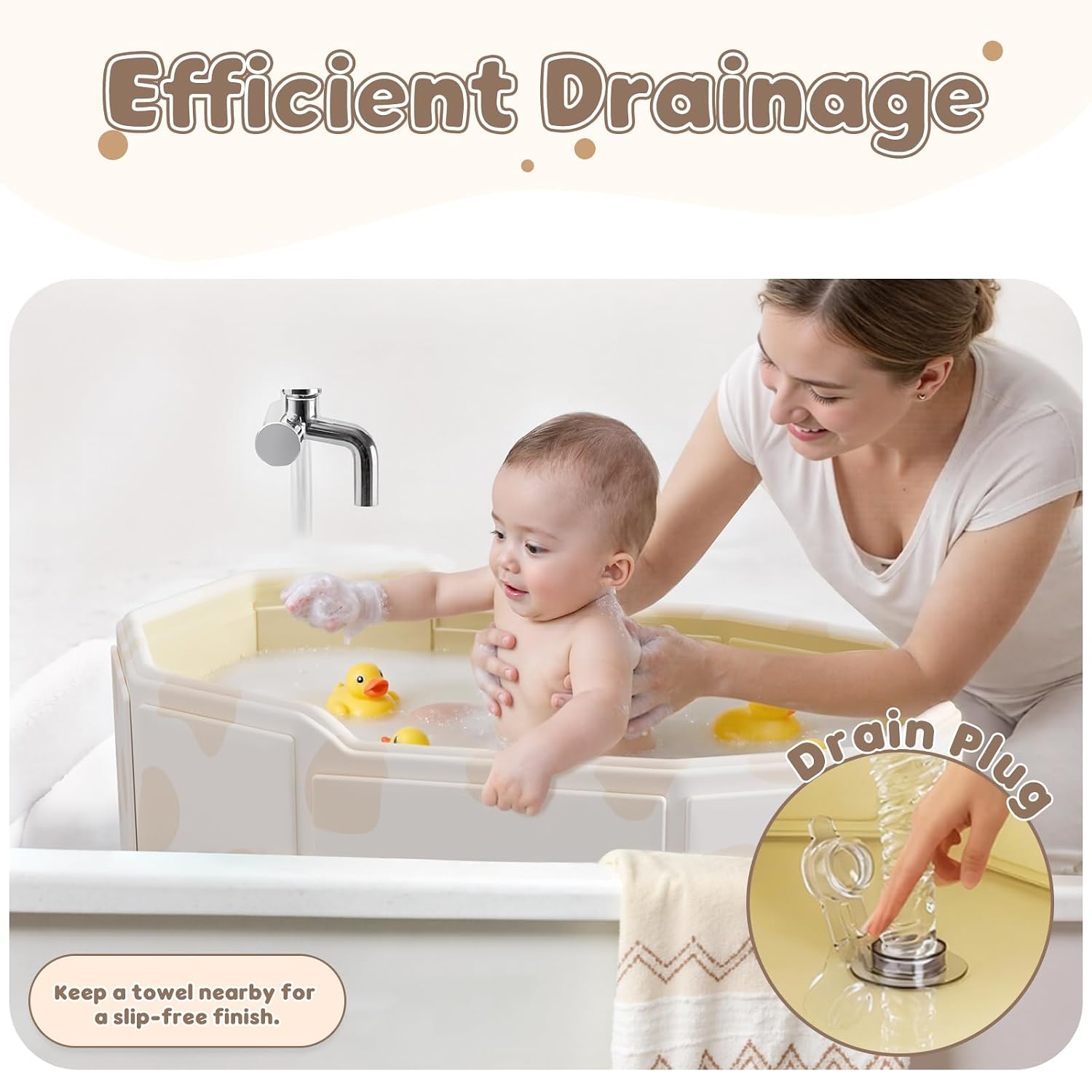 Foldable baby bathtub with user guide and packaging details