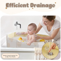 Foldable baby bathtub with user guide and packaging details