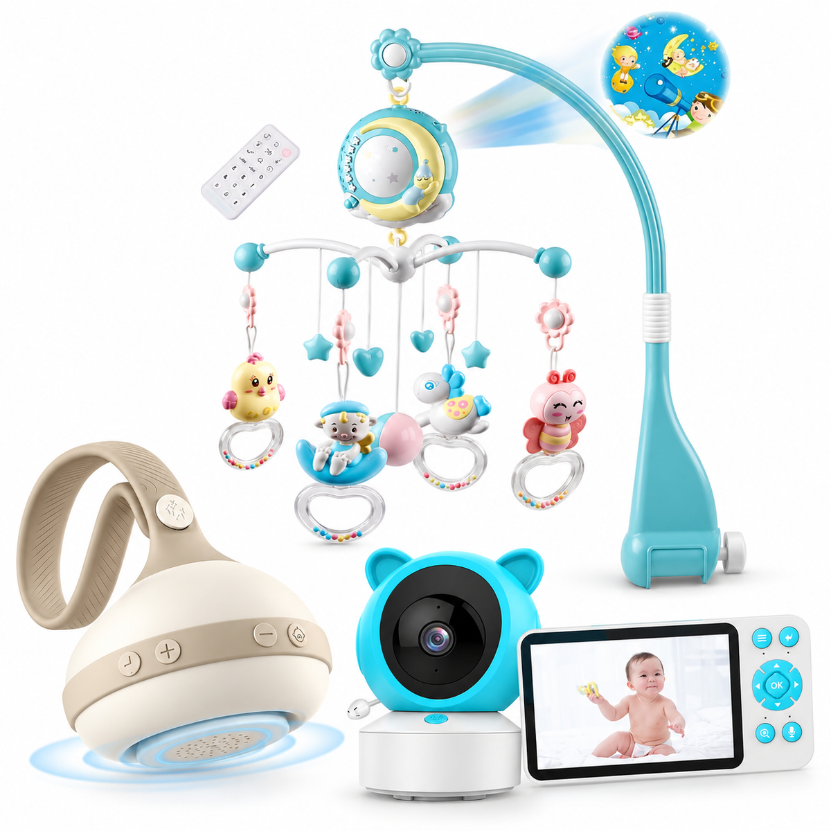 Baby Bedtime Essentials Bundle with monitor camera, crib mobile and portable sound machine
