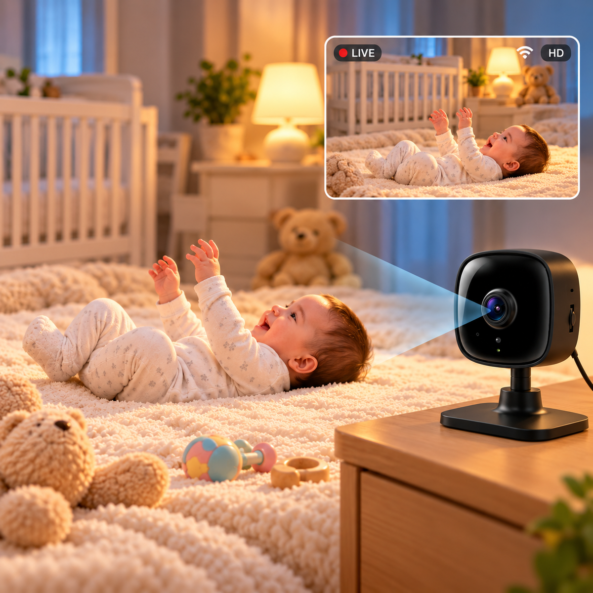 Baby bedtime essentials arranged in a warm and cozy nursery