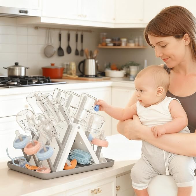 Baby bottle rack with tray base for countertop drying