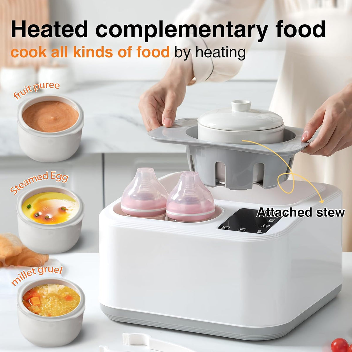 Multifunctional baby feeding appliance positioned on a clean kitchen countertop