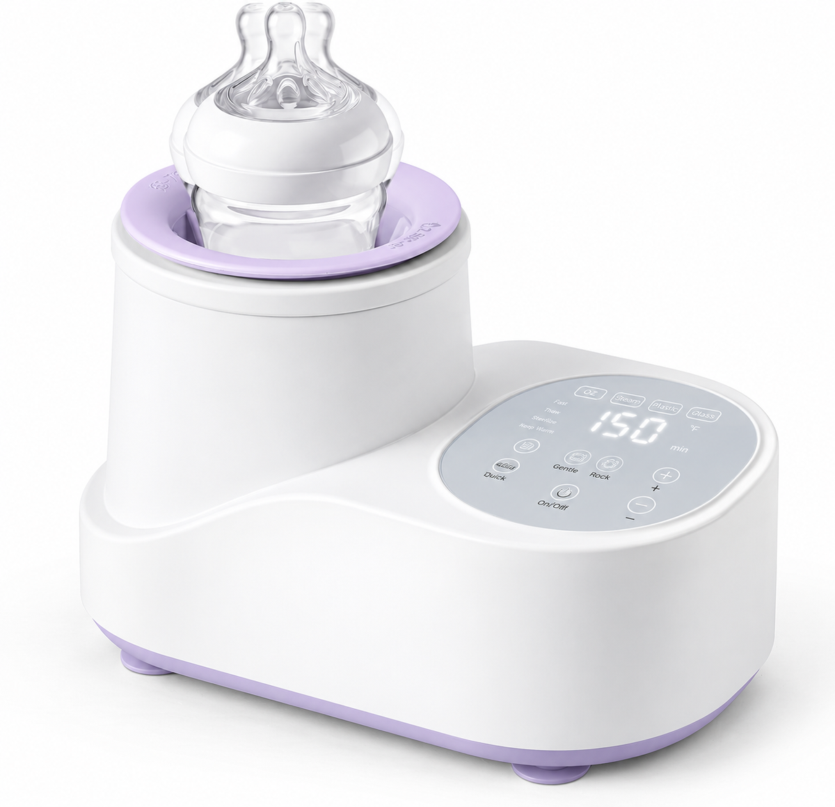 White and lavender electric baby bottle warmer with feeding bottle and digital touch controls