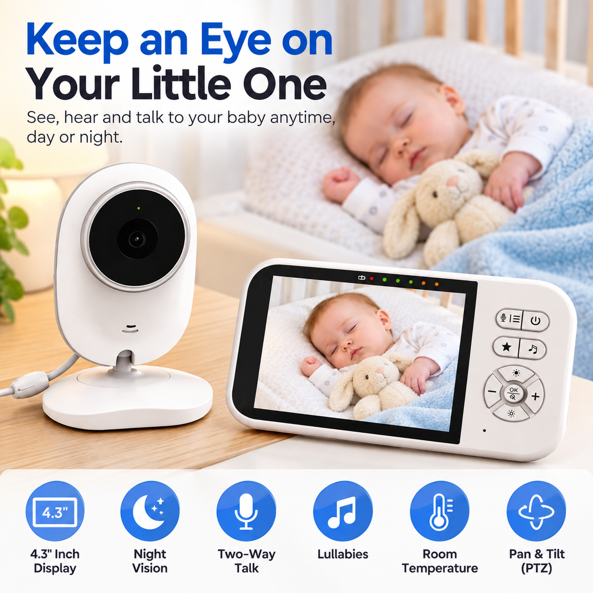 Close-up of white nursery camera with circular black lens