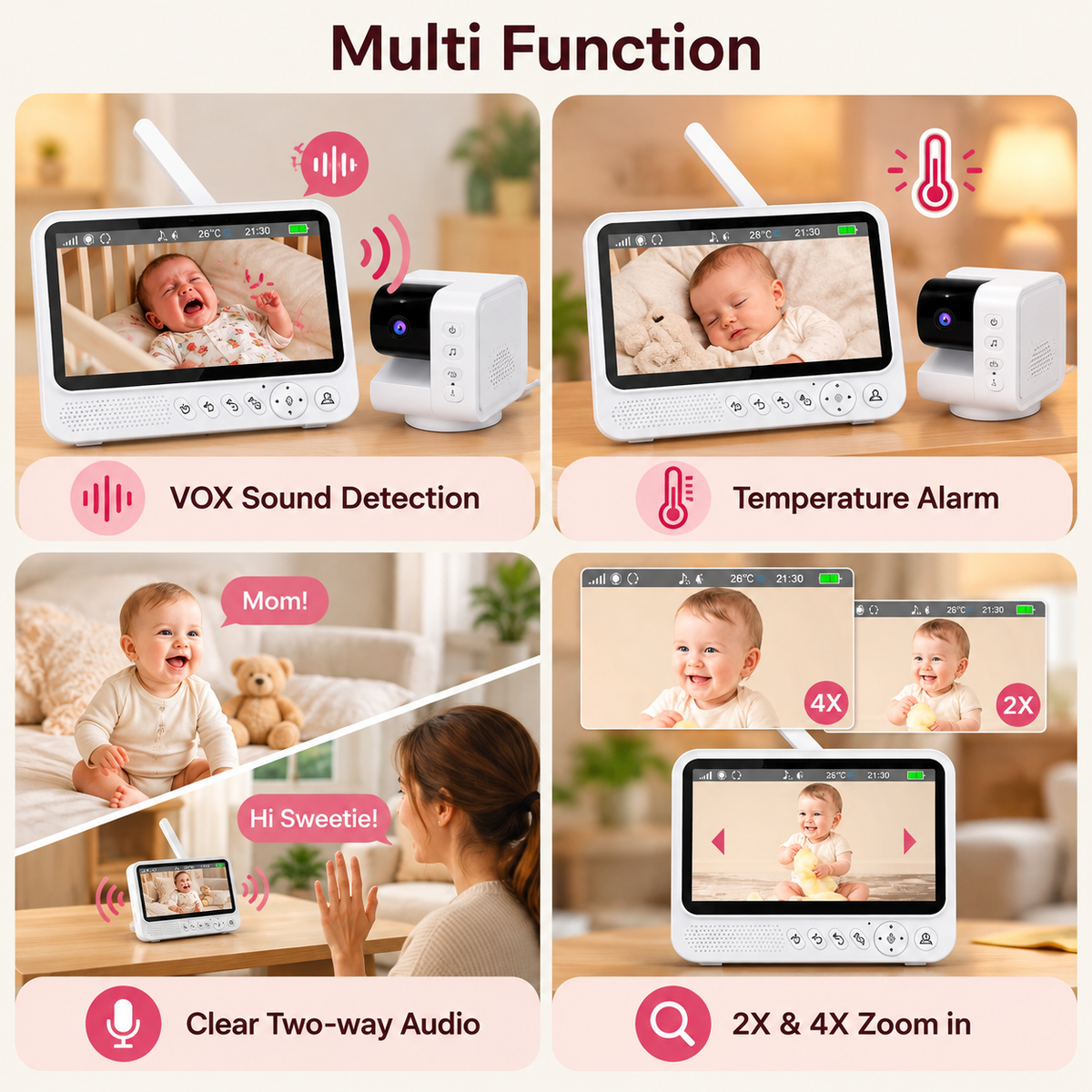 Indoor nursery camera placed on a bedside cabinet away from the baby's reach