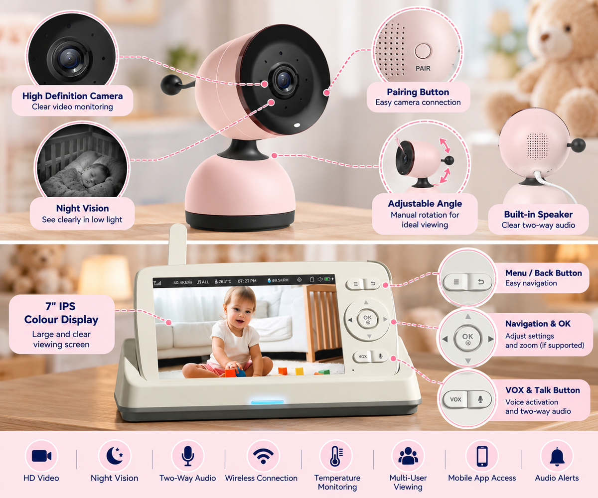 Smartphone displaying a live nursery camera feed with video and microphone controls