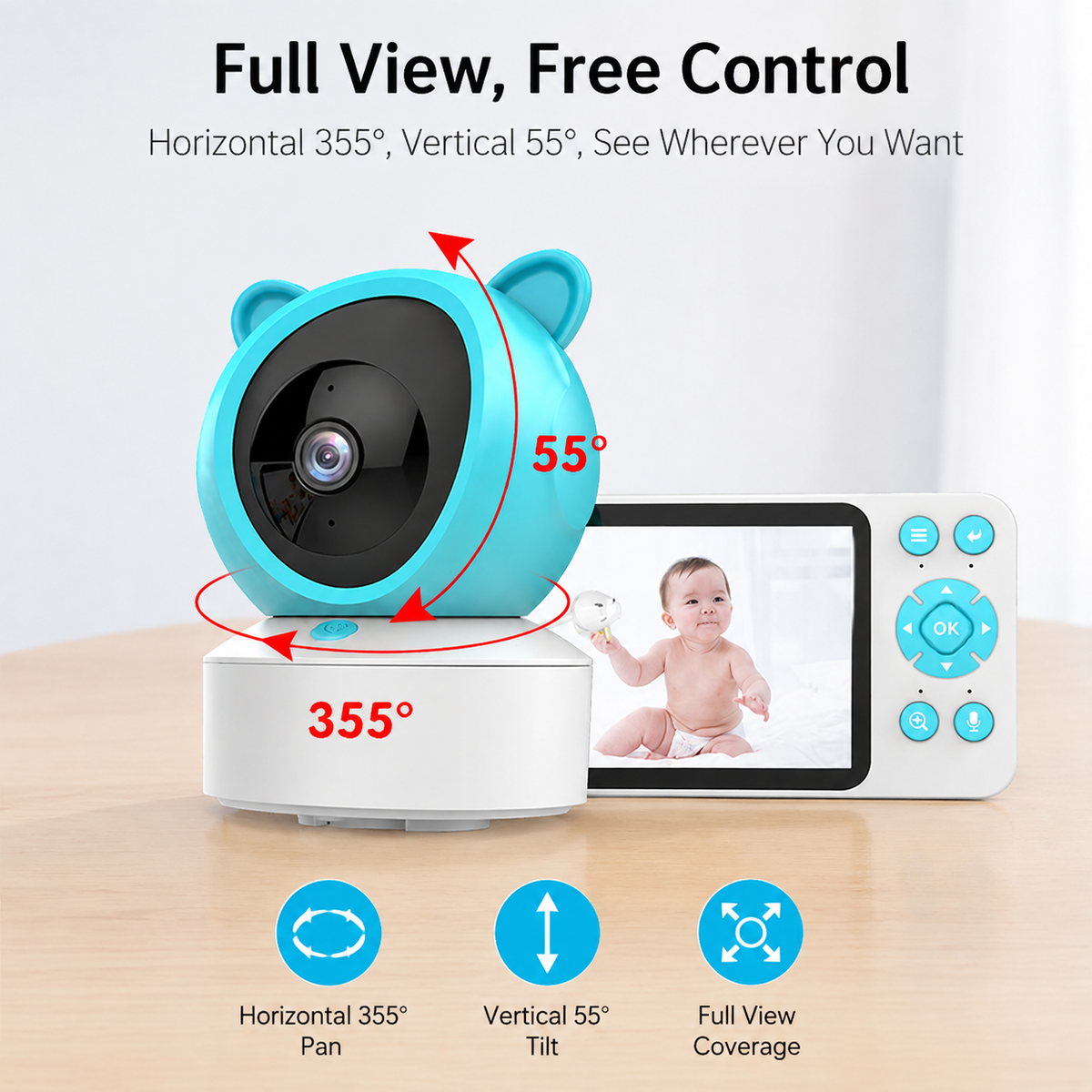 Baby monitor camera with adjustable pan and tilt view