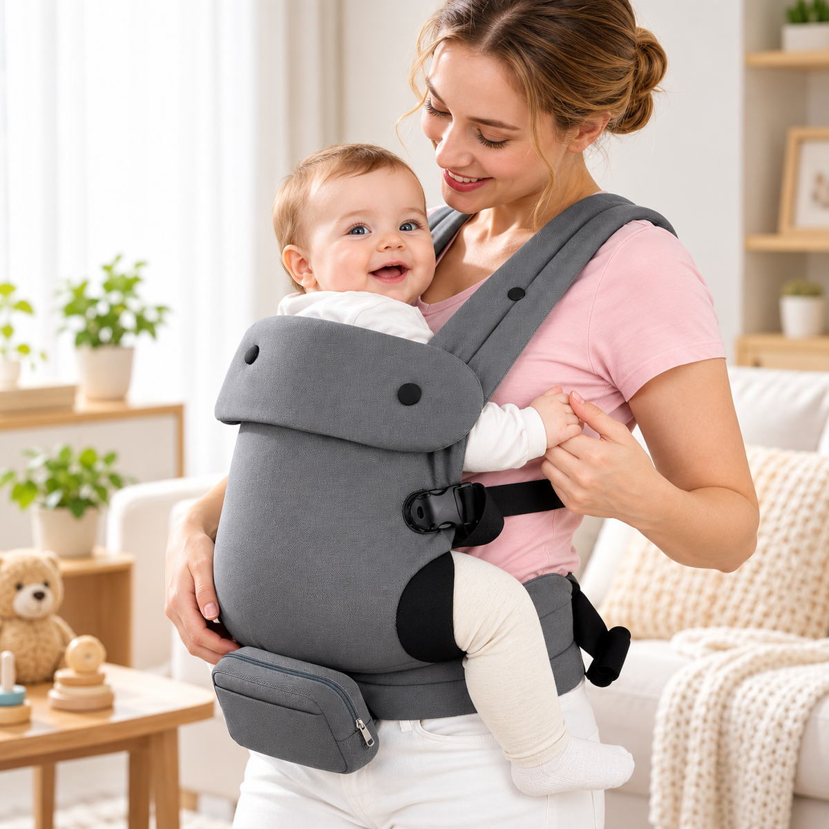 Parent adjusting the side buckle of a grey baby carrying system